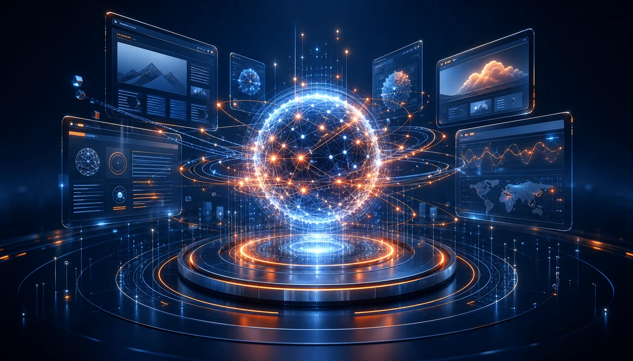 Ilustração conceptual de interfaces web e sistemas digitais interligados
