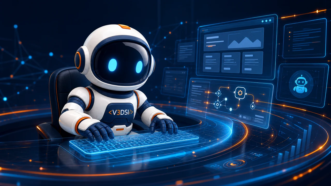 Mascote astronauta V3DSI a programar num ambiente digital 3D