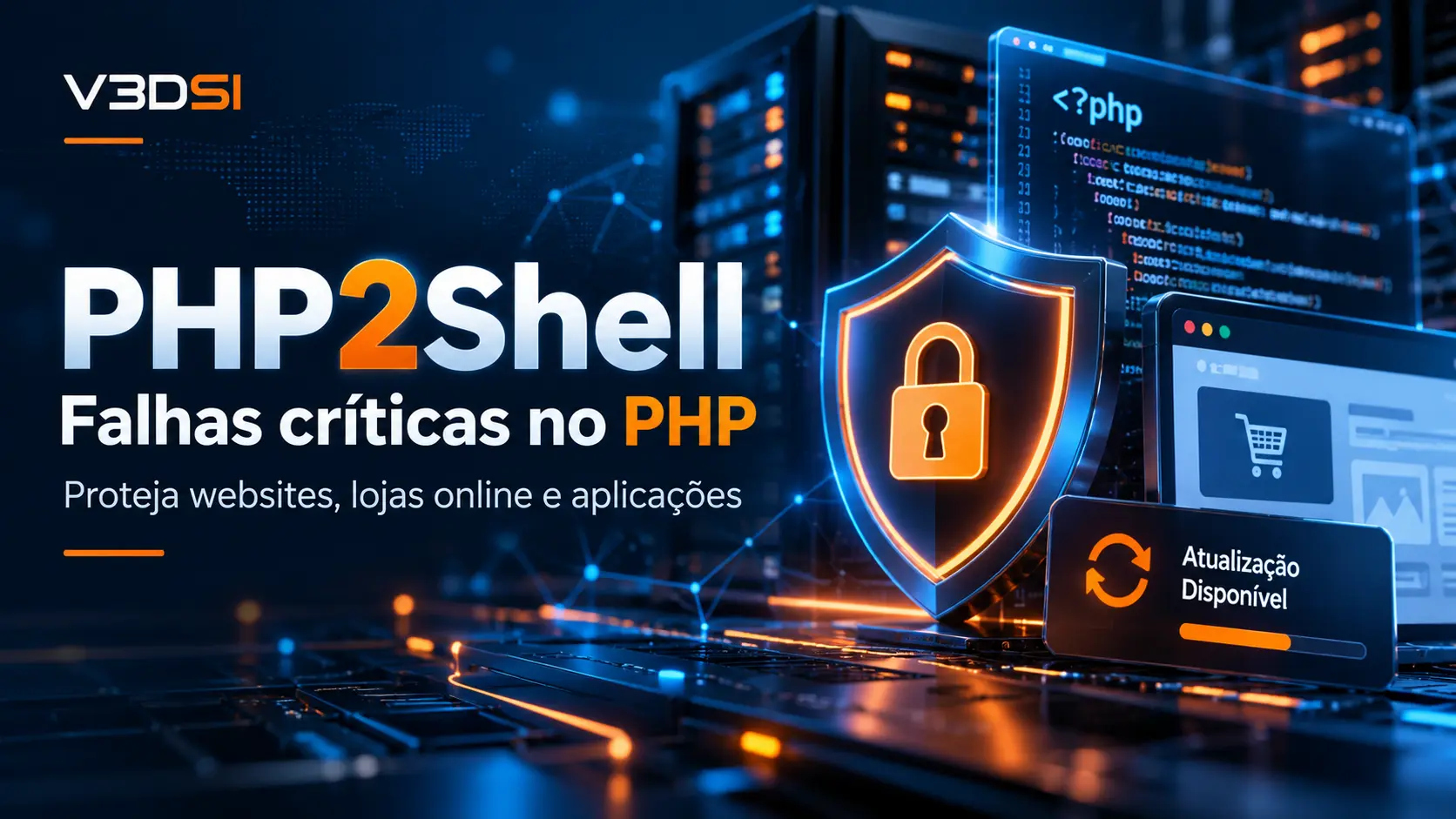 Imagem sobre PHP2Shell e falhas críticas no PHP, com escudo de segurança digital e servidores, para proteção de websites e lojas online.