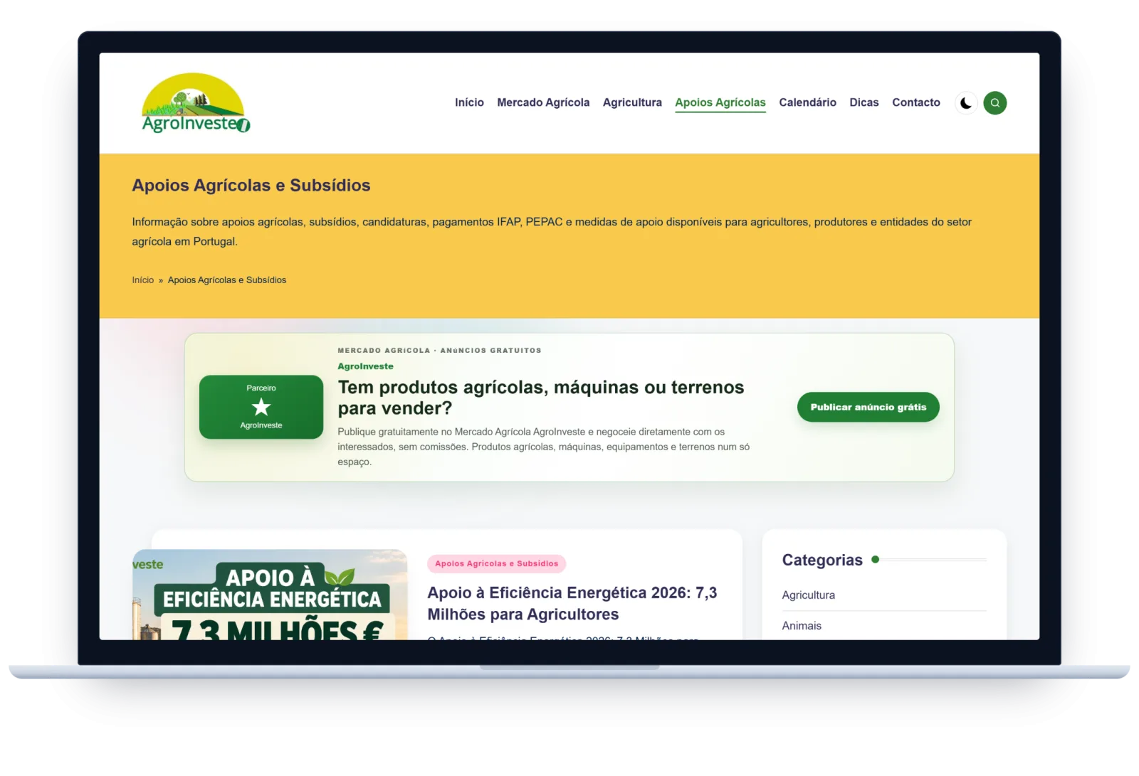 Página de apoios agrícolas e subsídios do AgroInveste no computador, com um artigo sobre o apoio à eficiência energética.
