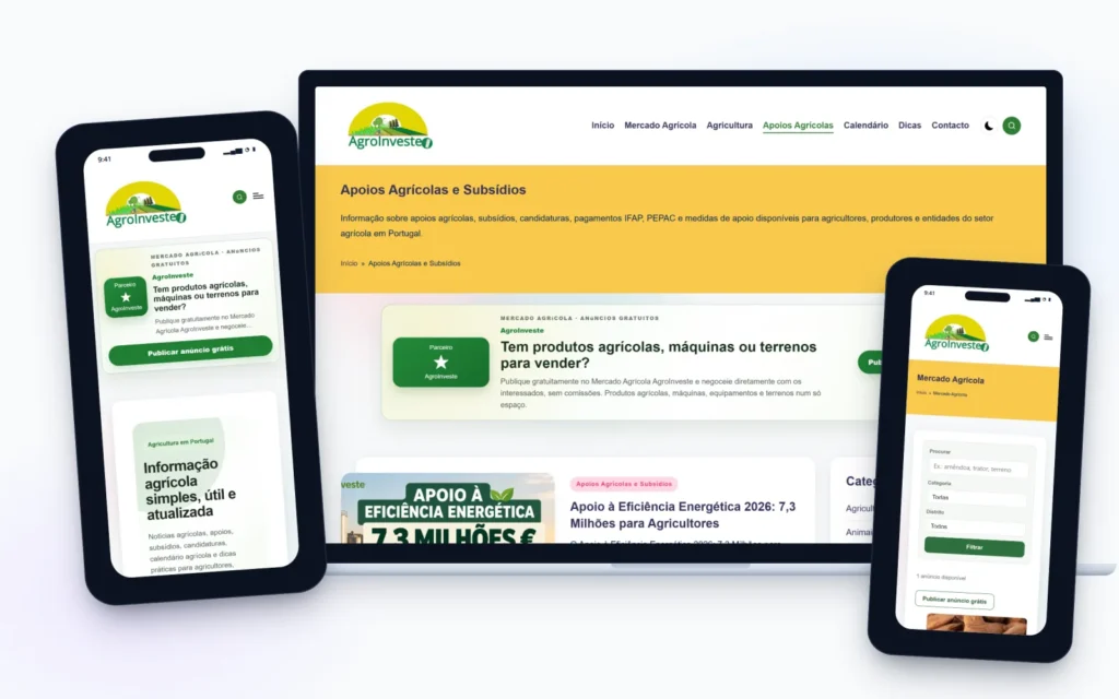 O blog AgroInveste num computador, na página de apoios agrícolas, e em dois telemóveis, com a página inicial e o Mercado Agrícola.