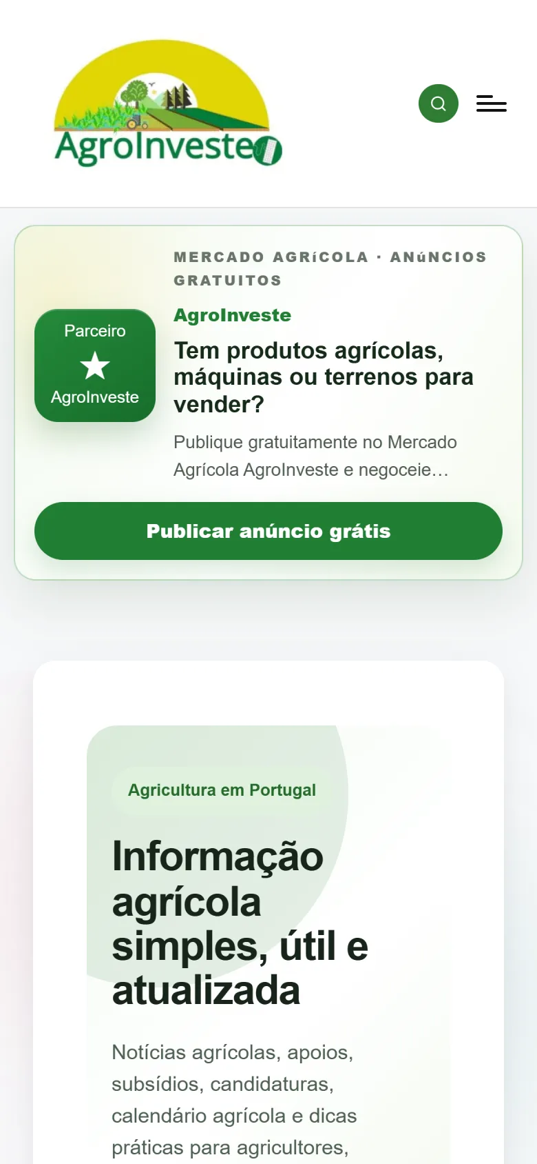 Página inicial do AgroInveste no telemóvel, com o destaque do Mercado Agrícola e a apresentação do blog.