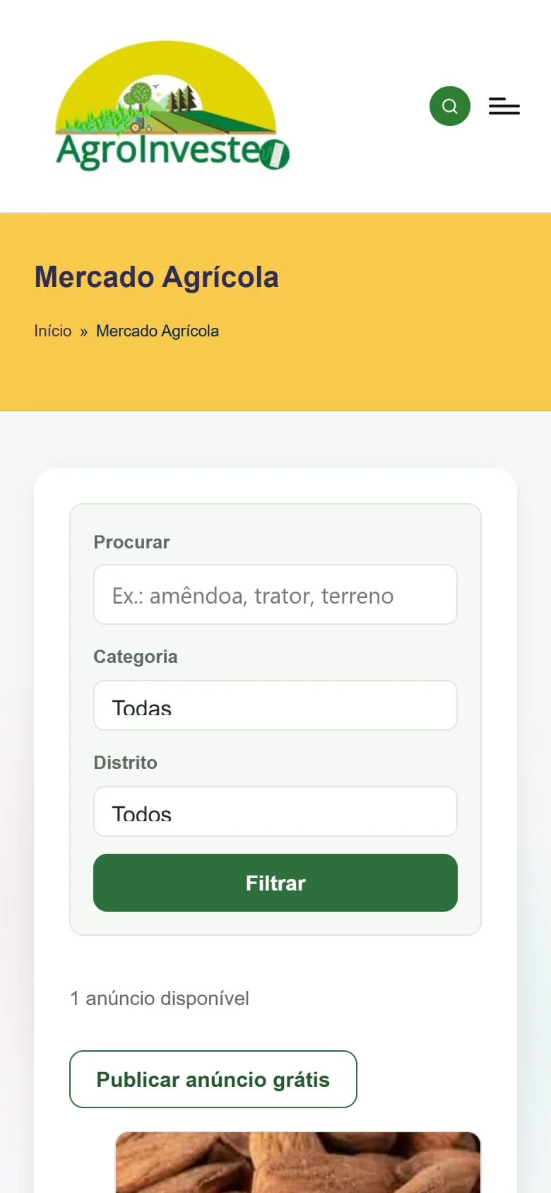 Mercado Agrícola do AgroInveste no telemóvel, com pesquisa por produto, categoria e distrito.