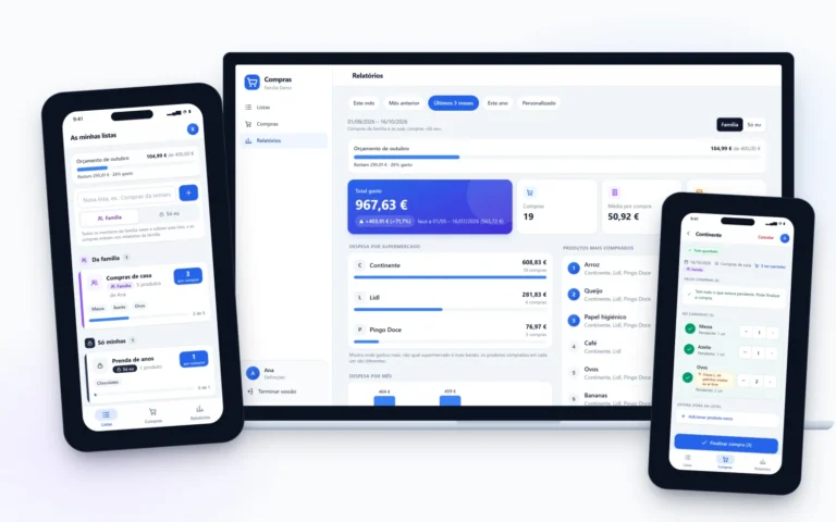 A aplicação Compras Família num computador, com os relatórios de despesas, e em dois telemóveis, com as listas e o modo de compra.