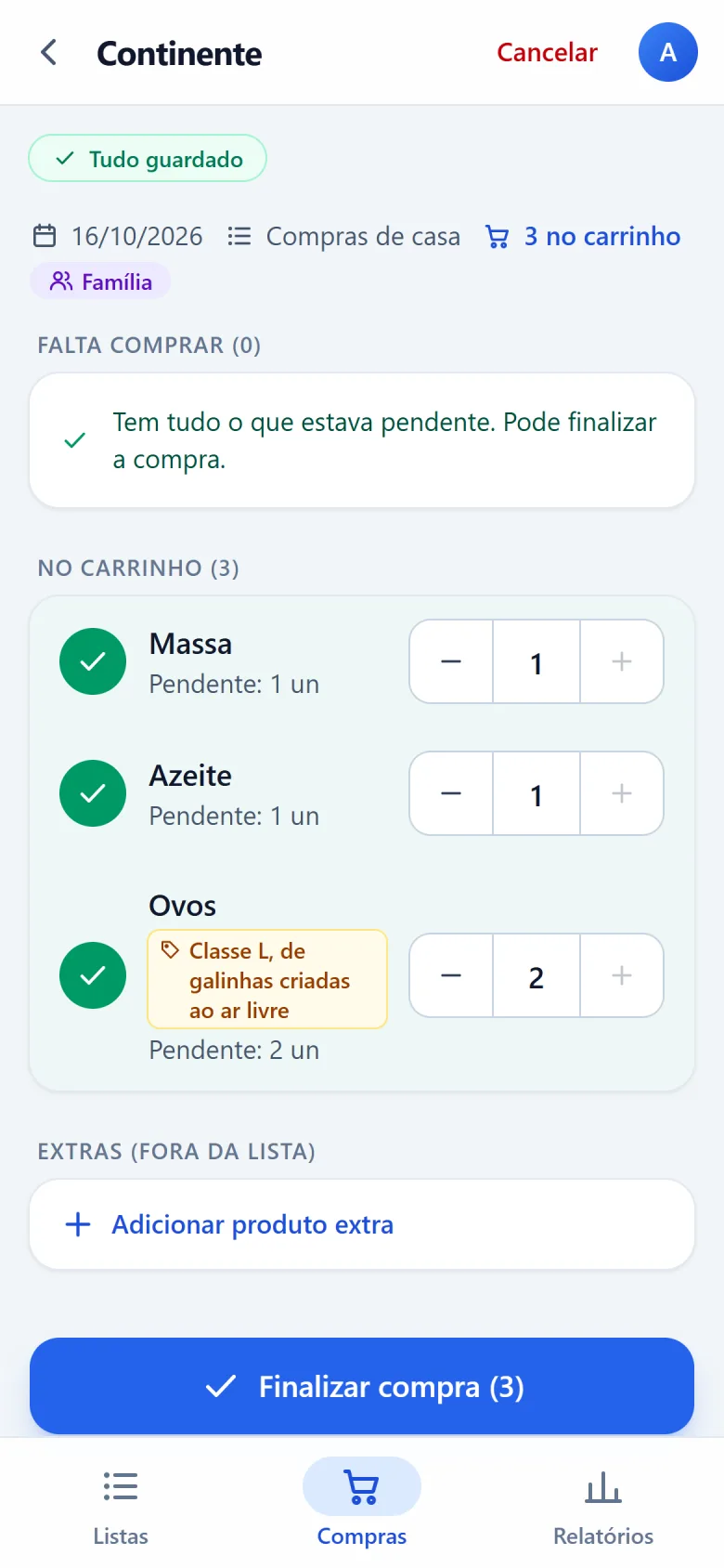 Modo de compra no telemóvel, com os produtos no carrinho e a indicação Tudo guardado.