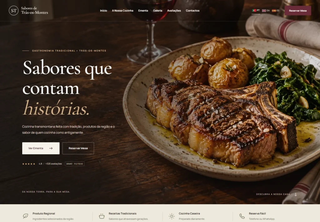 Página inicial do modelo Sabores de Trás-os-Montes, com apresentação do restaurante e acesso à ementa digital.