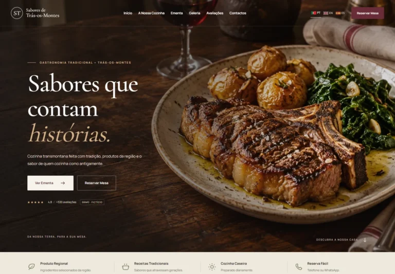 Página inicial do modelo de site para restaurantes Sabores de Trás-os-Montes.