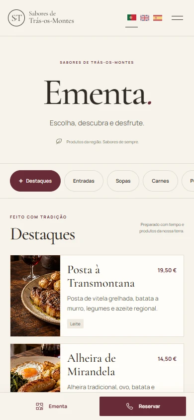 Ementa digital do modelo Sabores de Trás-os-Montes no telemóvel, com categorias, preços e escolha de idioma.